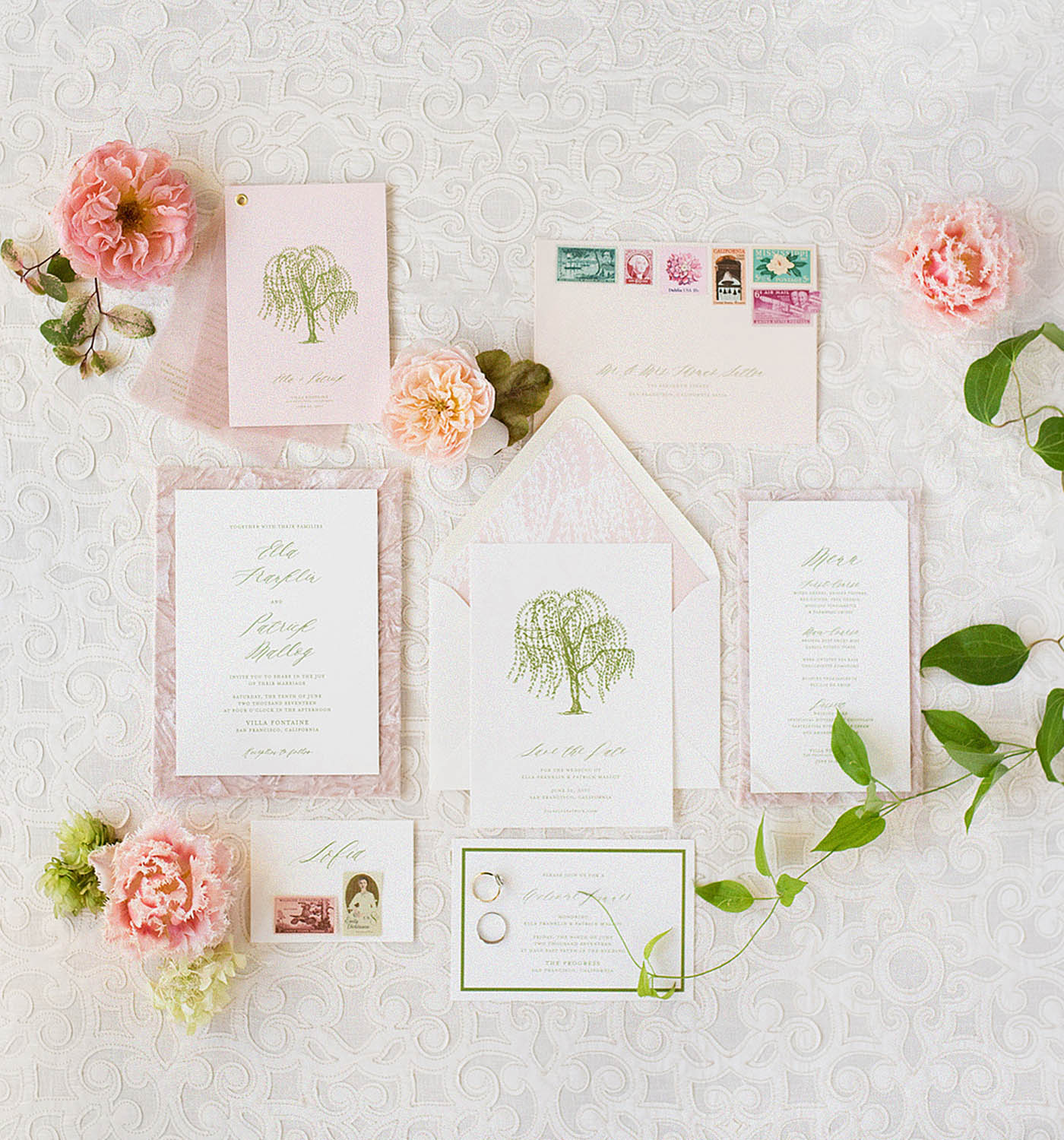 wedding-invitation-set-pink-flowers-white-linen